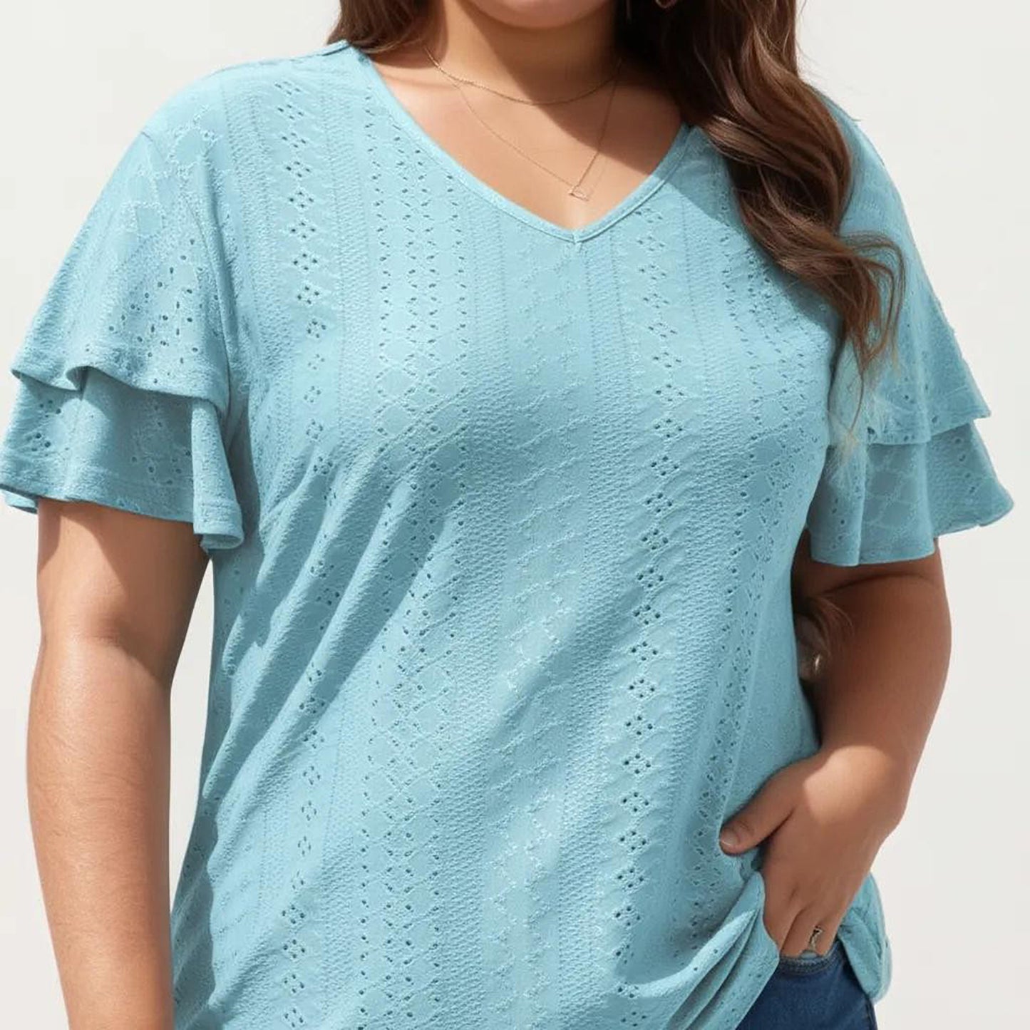 Plus Size Short Sleeve V Neck Top with Textured Knit Fabric Tiered Ruffle Sleeves Shirt