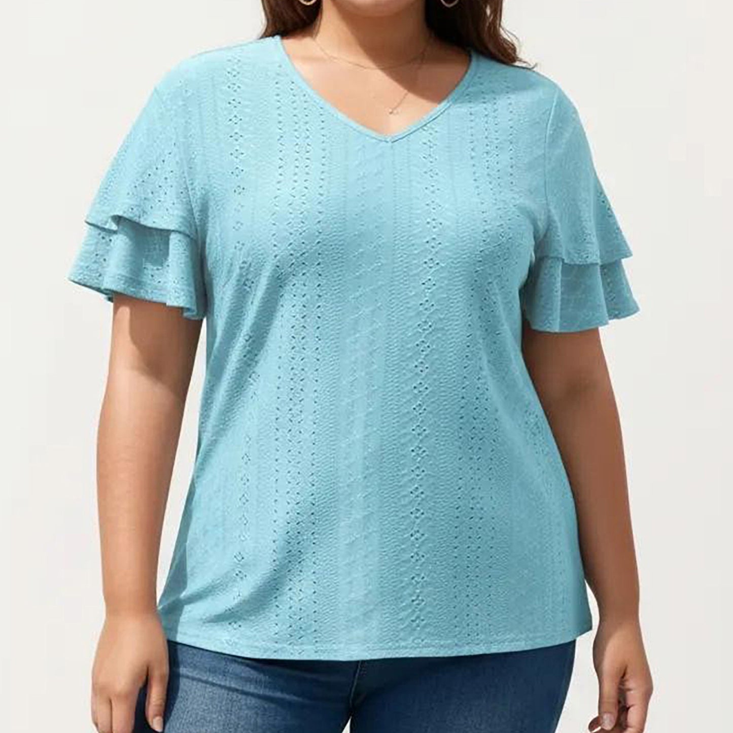 Plus Size Short Sleeve V Neck Top with Textured Knit Fabric Tiered Ruffle Sleeves Shirt