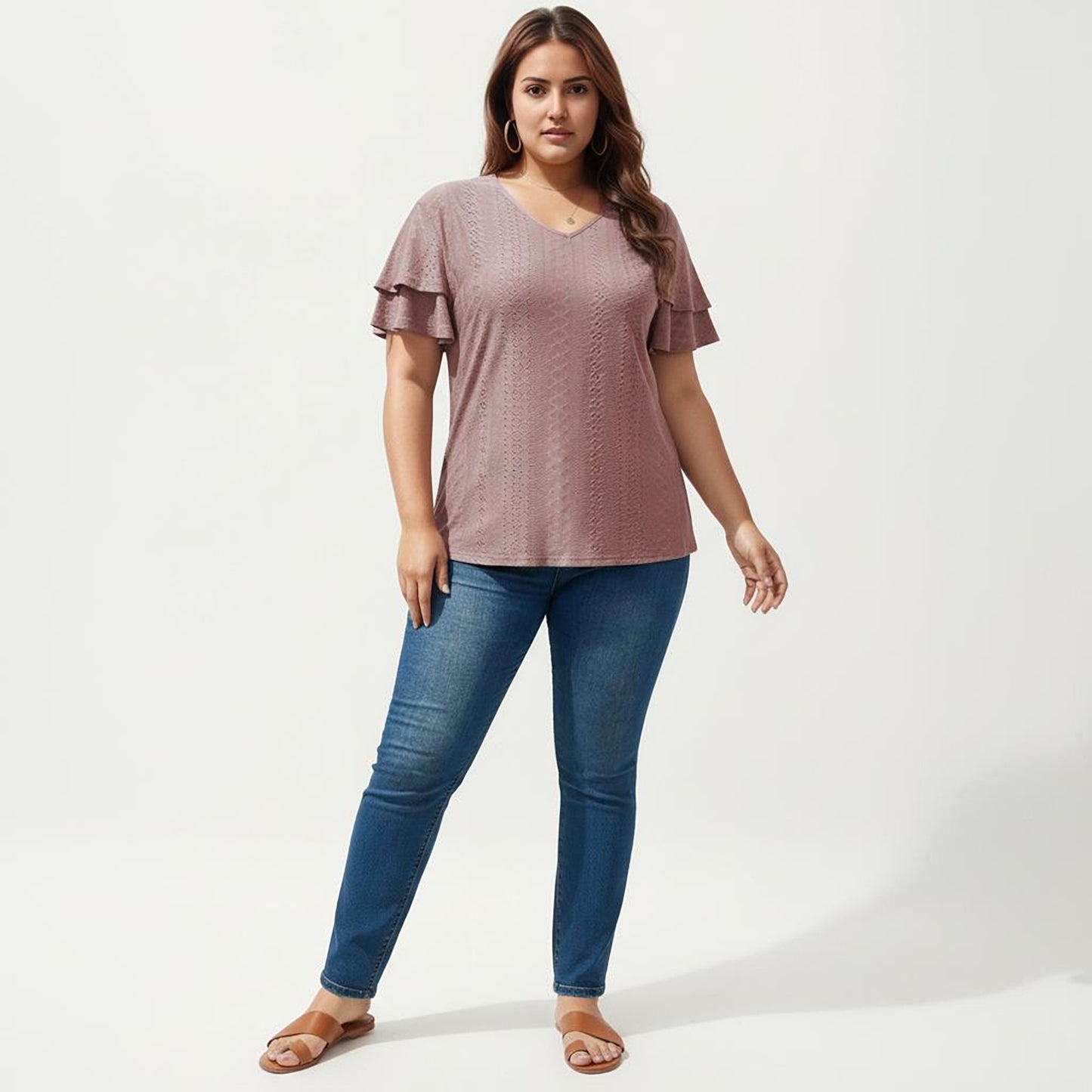 Plus Size Short Sleeve V Neck Top with Textured Knit Fabric Tiered Ruffle Sleeves Shirt