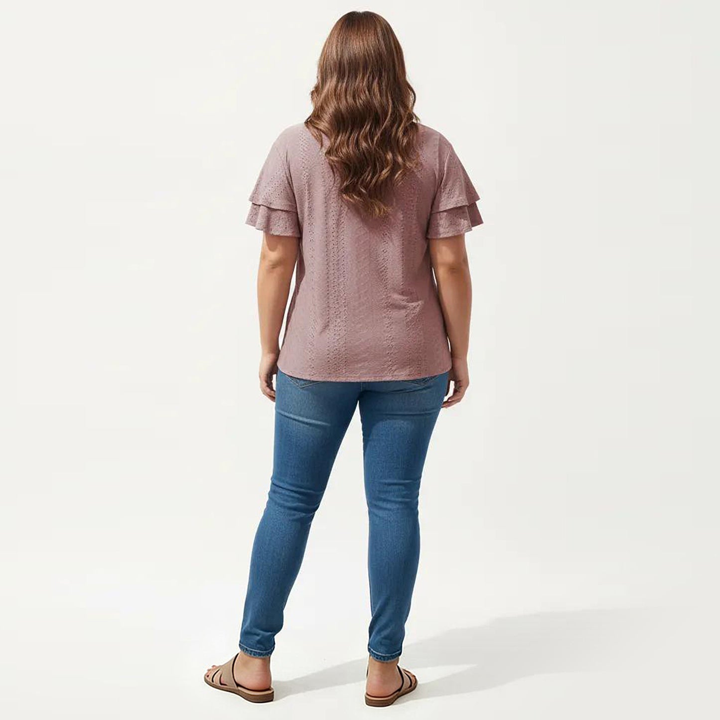 Plus Size Short Sleeve V Neck Top with Textured Knit Fabric Tiered Ruffle Sleeves Shirt