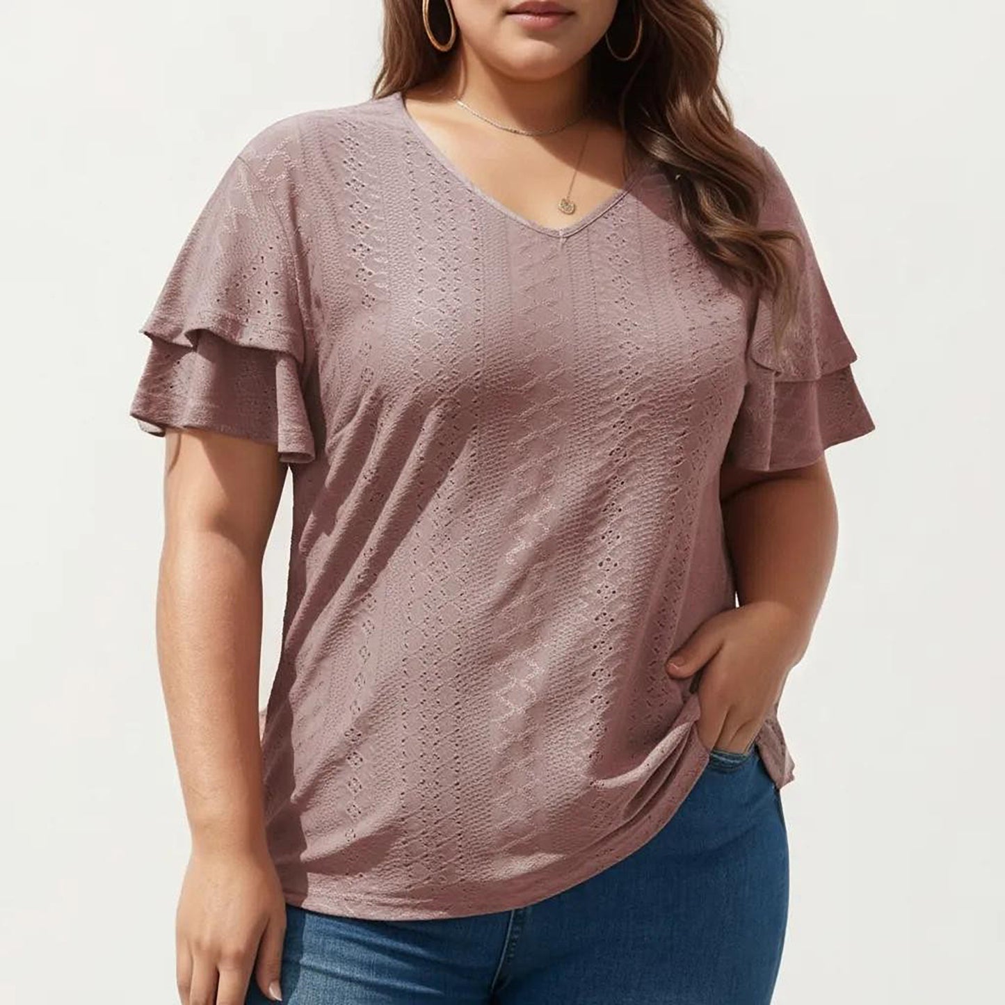Plus Size Short Sleeve V Neck Top with Textured Knit Fabric Tiered Ruffle Sleeves Shirt