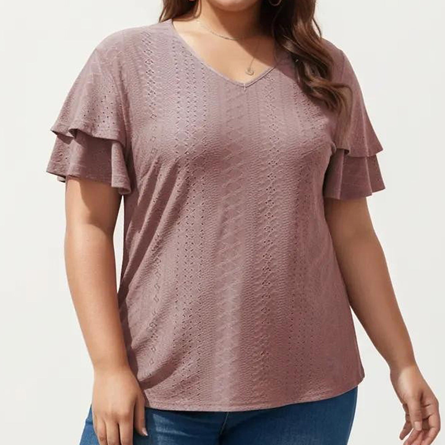Plus Size Short Sleeve V Neck Top with Textured Knit Fabric Tiered Ruffle Sleeves Shirt