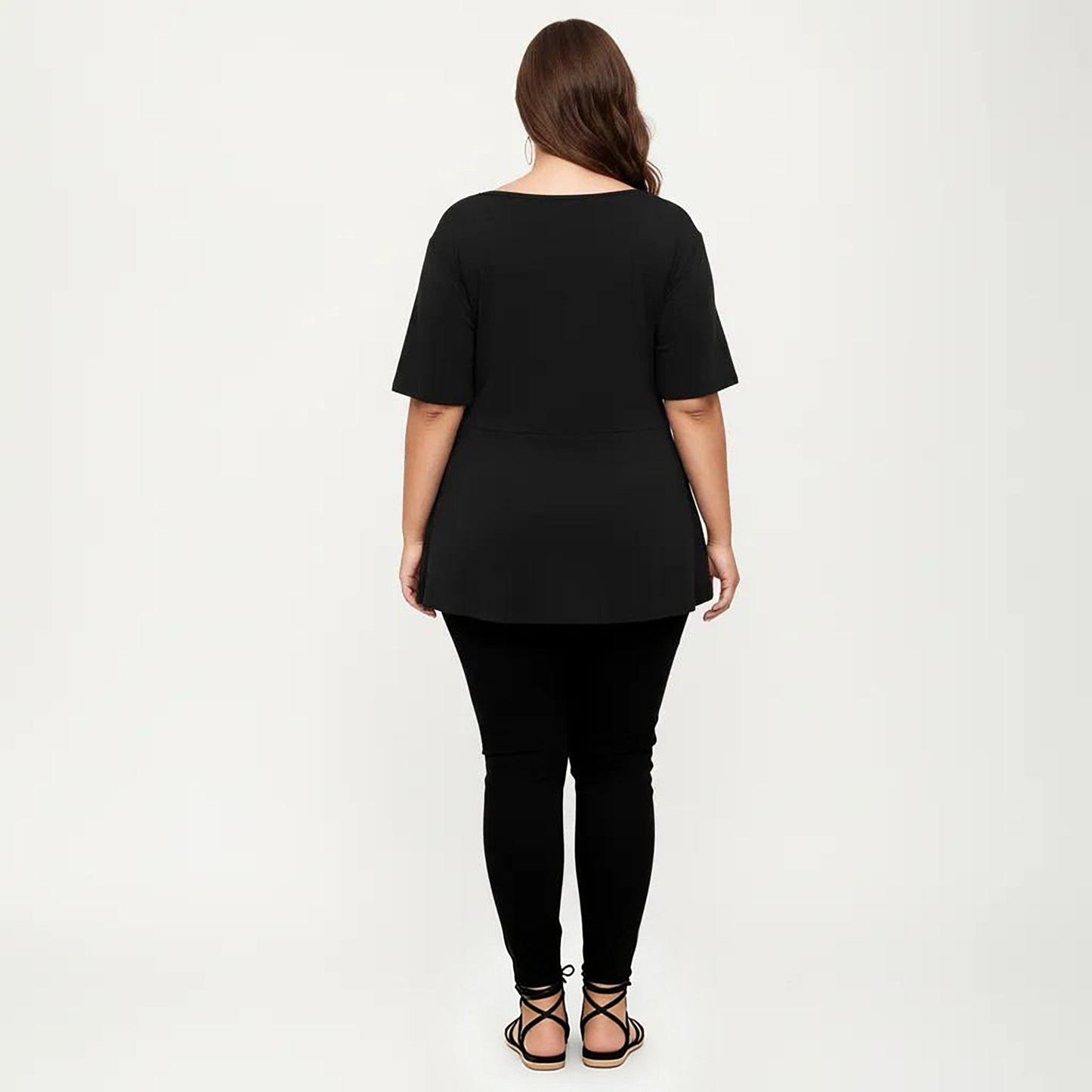 Plus Size Short Sleeve Scoop Neck Top with Waist Tie Detail Flowy Peplum Hem Relaxed Shirt