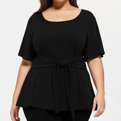 Plus Size Short Sleeve Scoop Neck Top with Waist Tie Detail Flowy Peplum Hem Relaxed Shirt