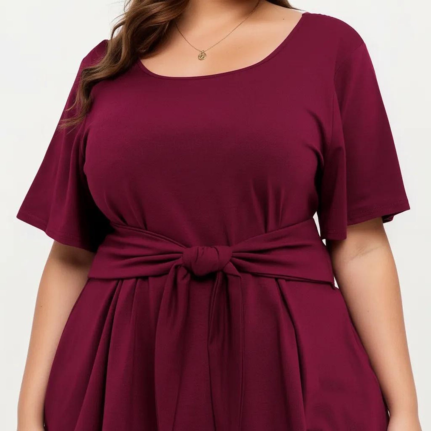 Plus Size Short Sleeve Scoop Neck Top with Waist Tie Detail Flowy Peplum Hem Relaxed Shirt