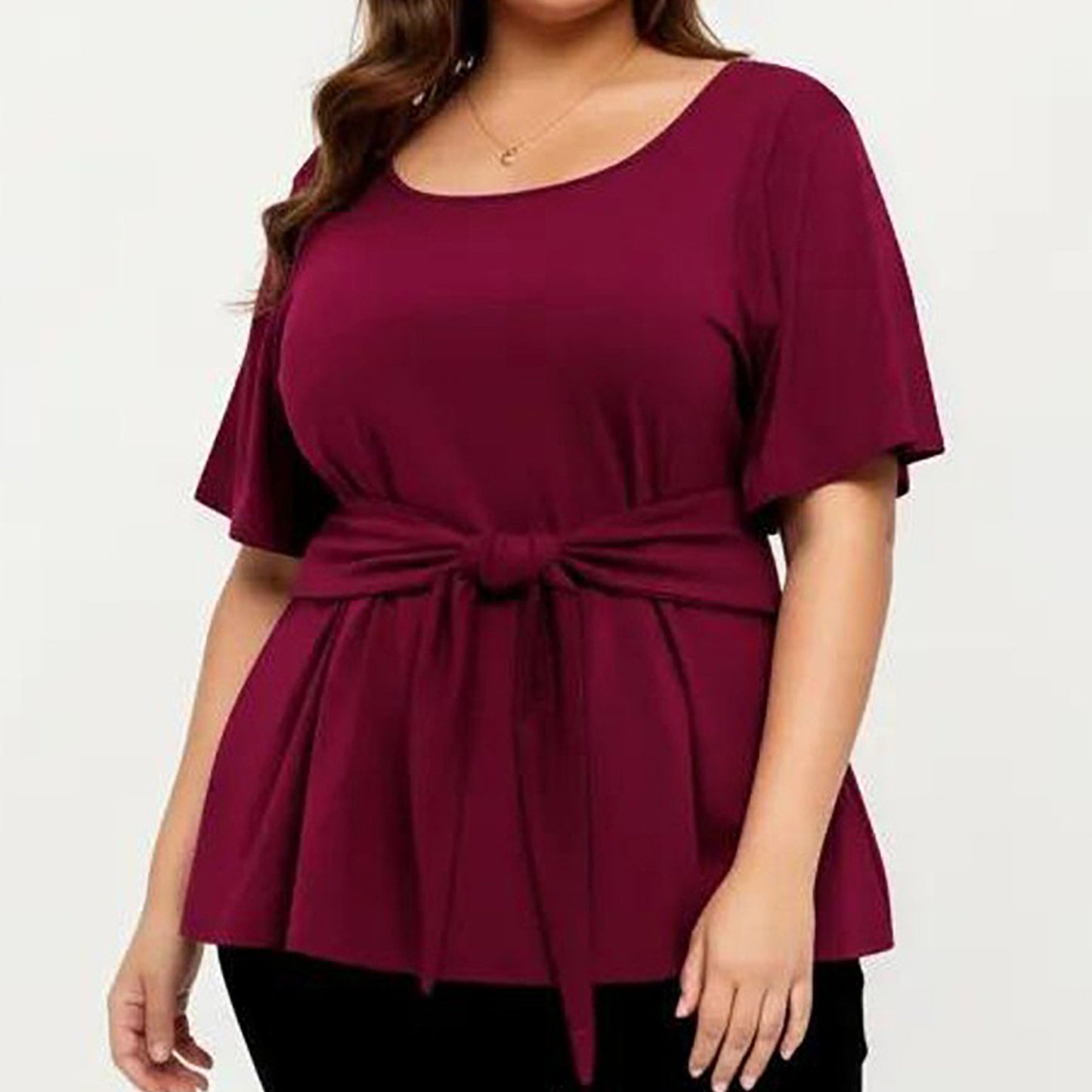 Plus Size Short Sleeve Scoop Neck Top with Waist Tie Detail Flowy Peplum Hem Relaxed Shirt