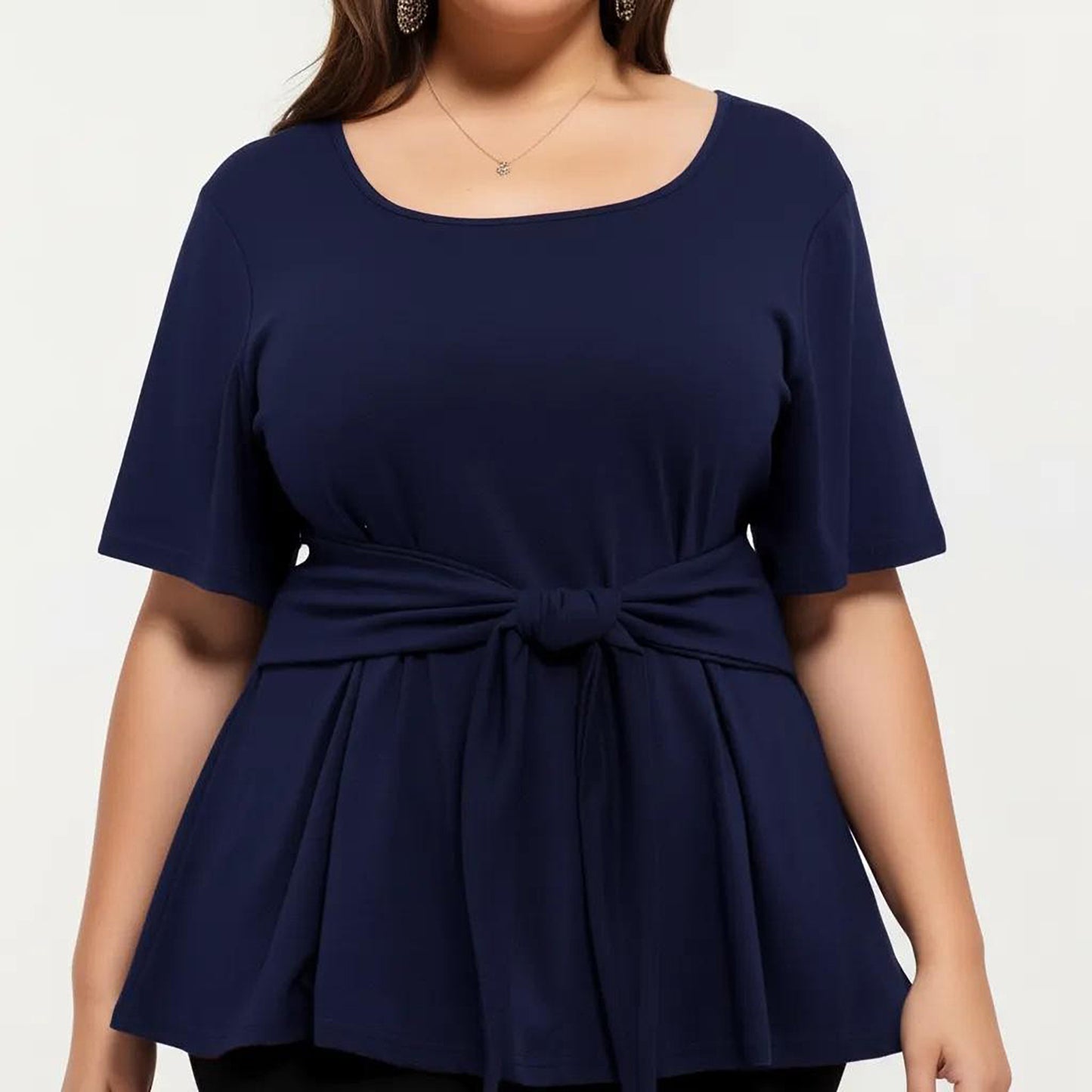 Plus Size Short Sleeve Scoop Neck Top with Waist Tie Detail Flowy Peplum Hem Relaxed Shirt