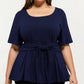 Plus Size Short Sleeve Scoop Neck Top with Waist Tie Detail Flowy Peplum Hem Relaxed Shirt