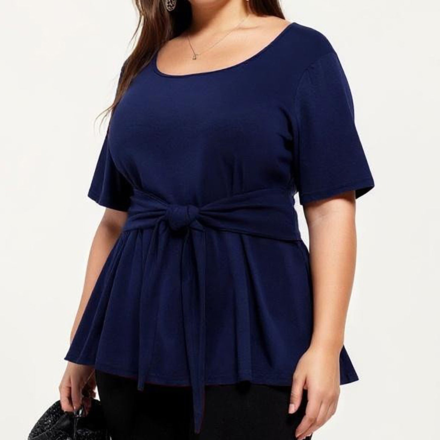 Plus Size Short Sleeve Scoop Neck Top with Waist Tie Detail Flowy Peplum Hem Relaxed Shirt
