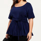 Plus Size Short Sleeve Scoop Neck Top with Waist Tie Detail Flowy Peplum Hem Relaxed Shirt