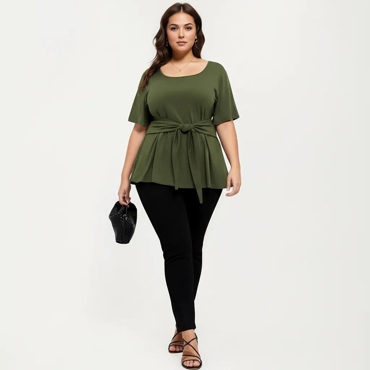 Plus Size Short Sleeve Scoop Neck Top with Waist Tie Detail Flowy Peplum Hem Relaxed Shirt