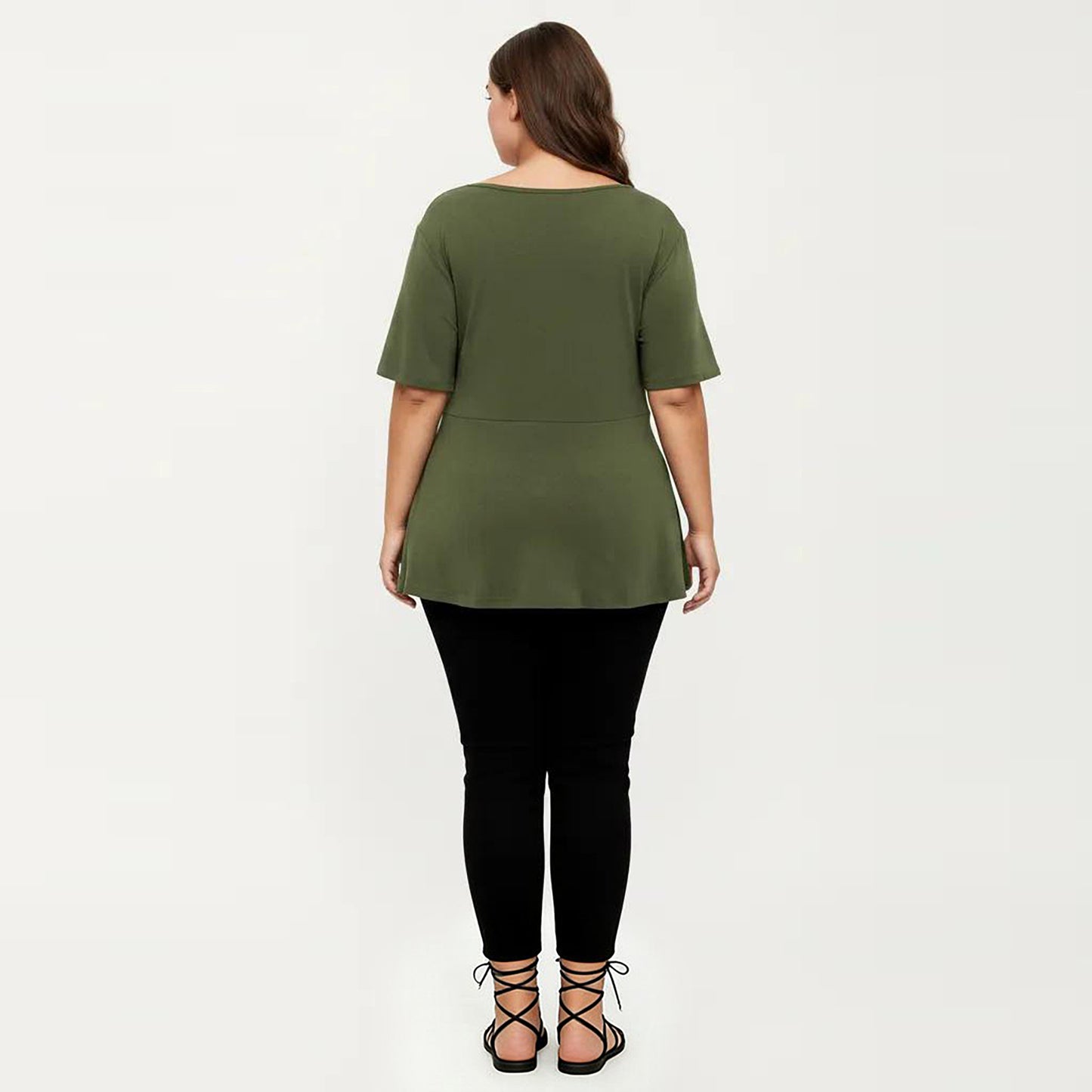 Plus Size Short Sleeve Scoop Neck Top with Waist Tie Detail Flowy Peplum Hem Relaxed Shirt