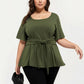 Plus Size Short Sleeve Scoop Neck Top with Waist Tie Detail Flowy Peplum Hem Relaxed Shirt