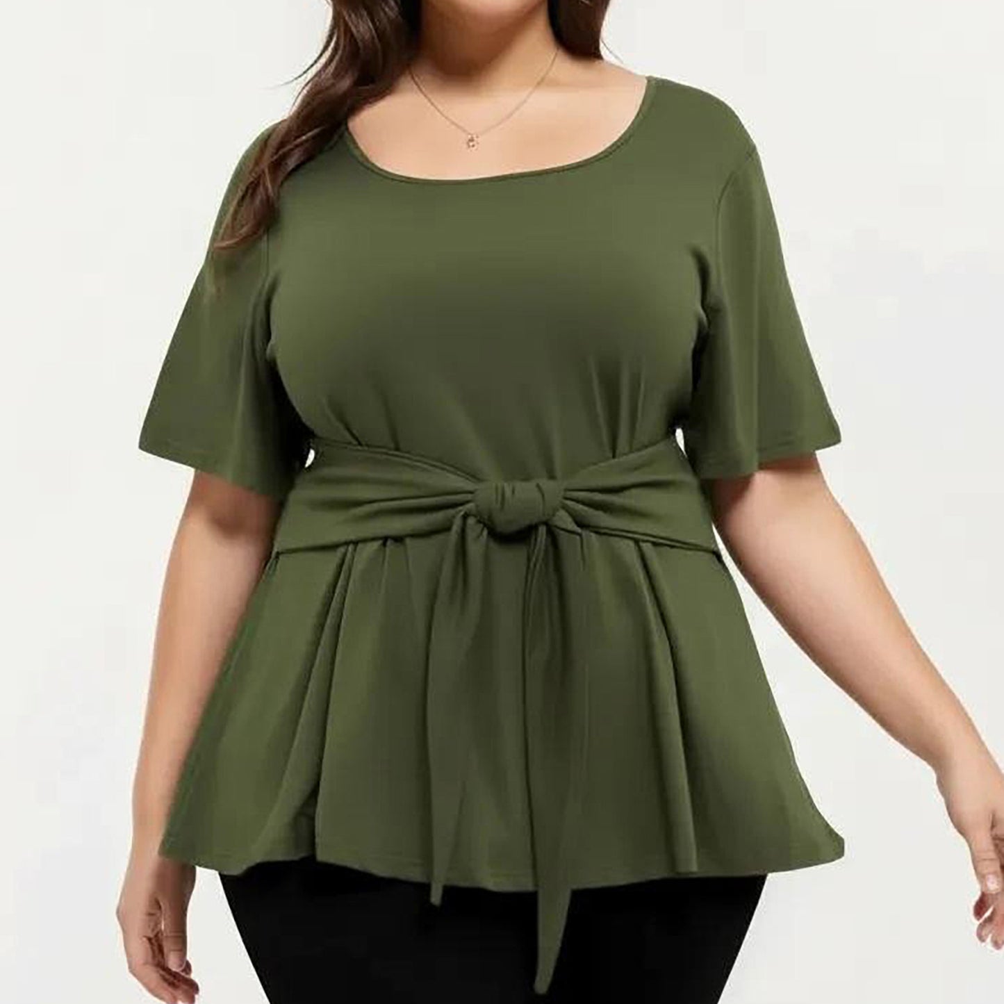 Plus Size Short Sleeve Scoop Neck Top with Waist Tie Detail Flowy Peplum Hem Relaxed Shirt