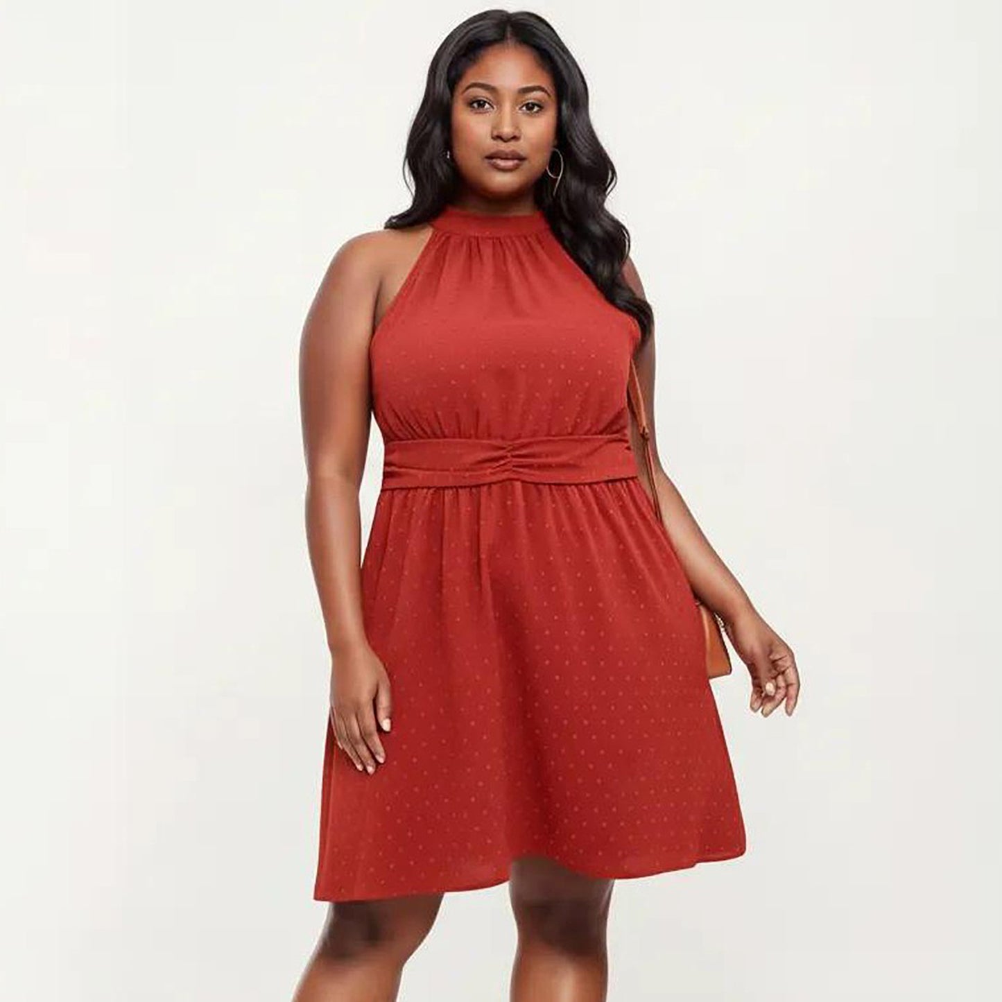 Plus Size Sleeveless Halter Neck Dress with Textured Fabric High Neck A-Line Silhouette