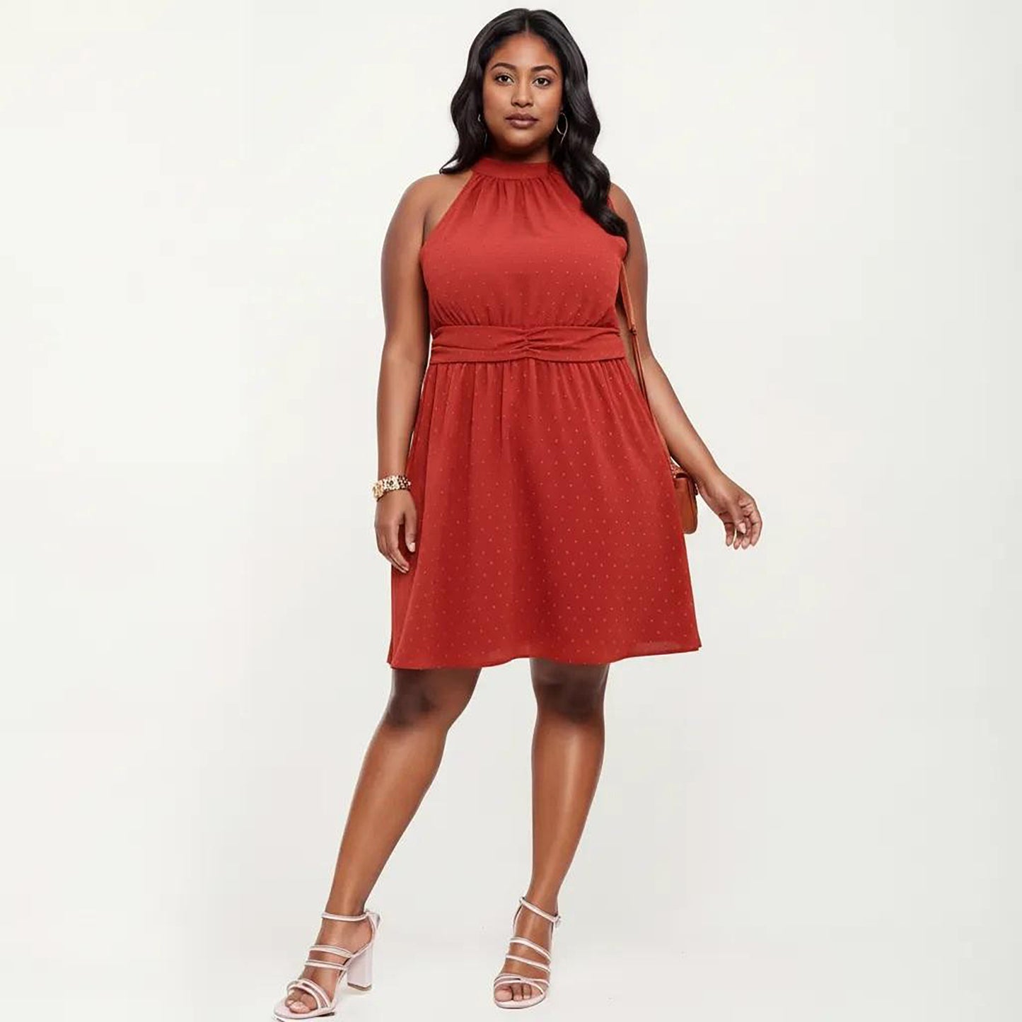 Plus Size Sleeveless Halter Neck Dress with Textured Fabric High Neck A-Line Silhouette