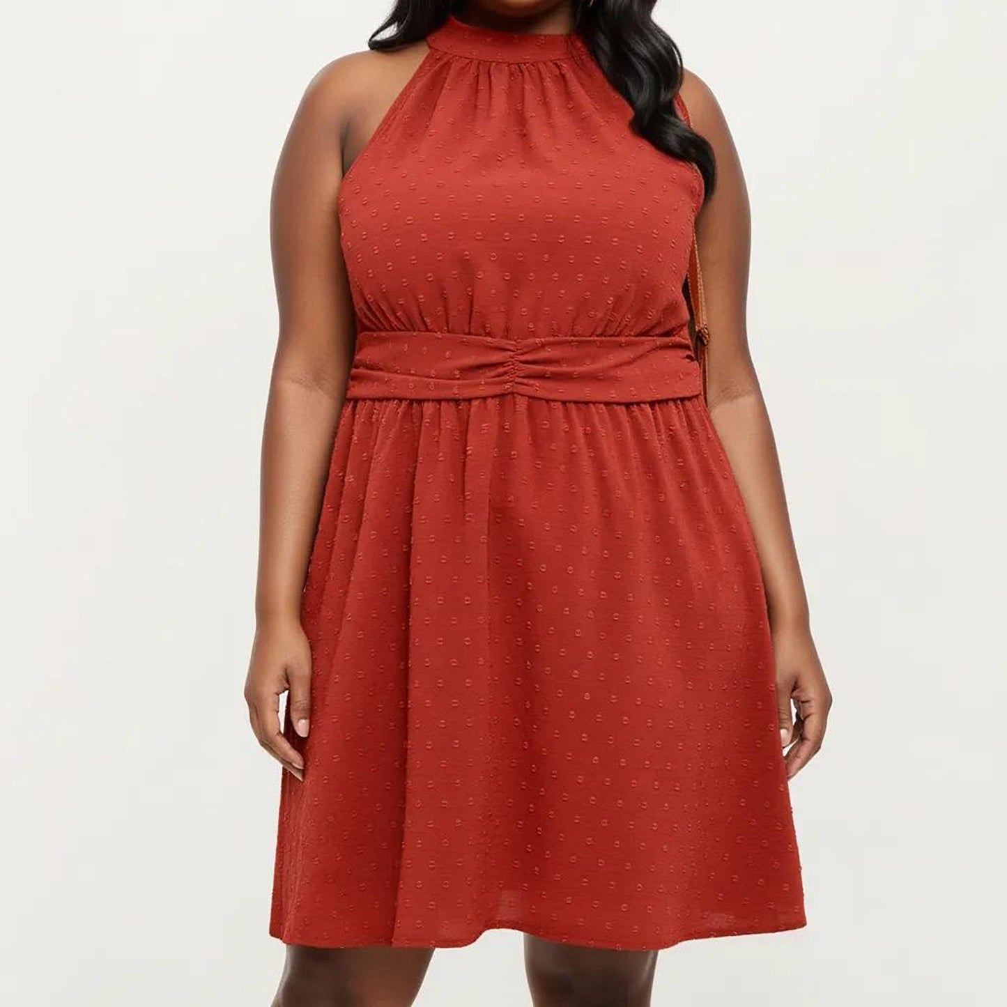 Plus Size Sleeveless Halter Neck Dress with Textured Fabric High Neck A-Line Silhouette