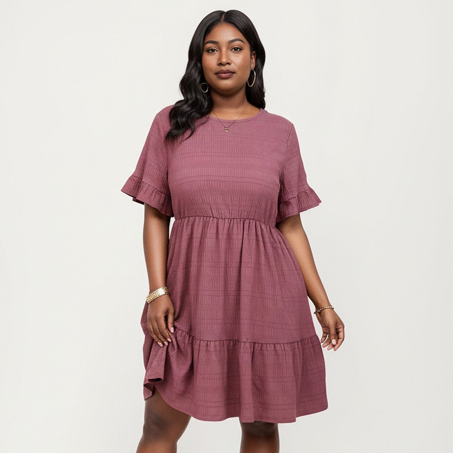Plus Size Short Sleeve Textured Dress with Crew Neck Tiered Skirt Ruffle Sleeve Detail