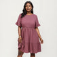 Plus Size Short Sleeve Textured Dress with Crew Neck Tiered Skirt Ruffle Sleeve Detail