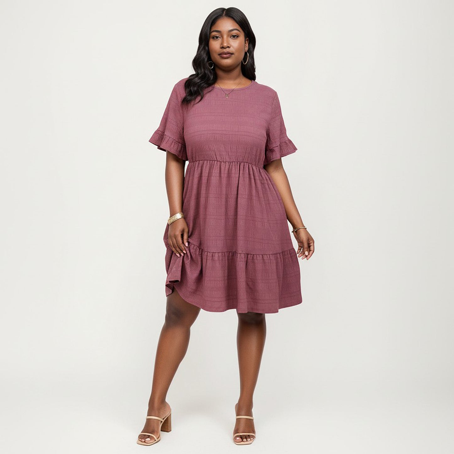Plus Size Short Sleeve Textured Dress with Crew Neck Tiered Skirt Ruffle Sleeve Detail