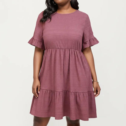Plus Size Short Sleeve Textured Dress with Crew Neck Tiered Skirt Ruffle Sleeve Detail