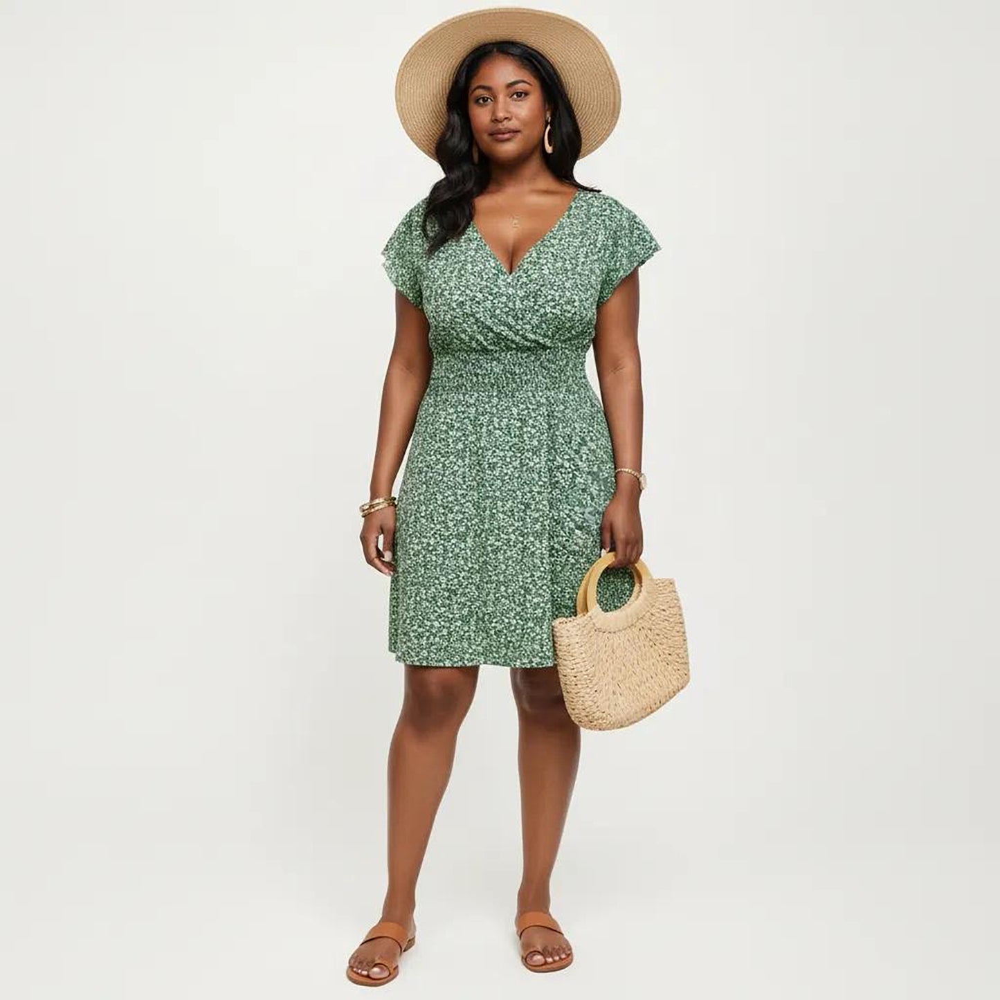 Plus Size Short Sleeve V Neck Dress with Smocked Waist Floral Print Flowy A Line Silhouette