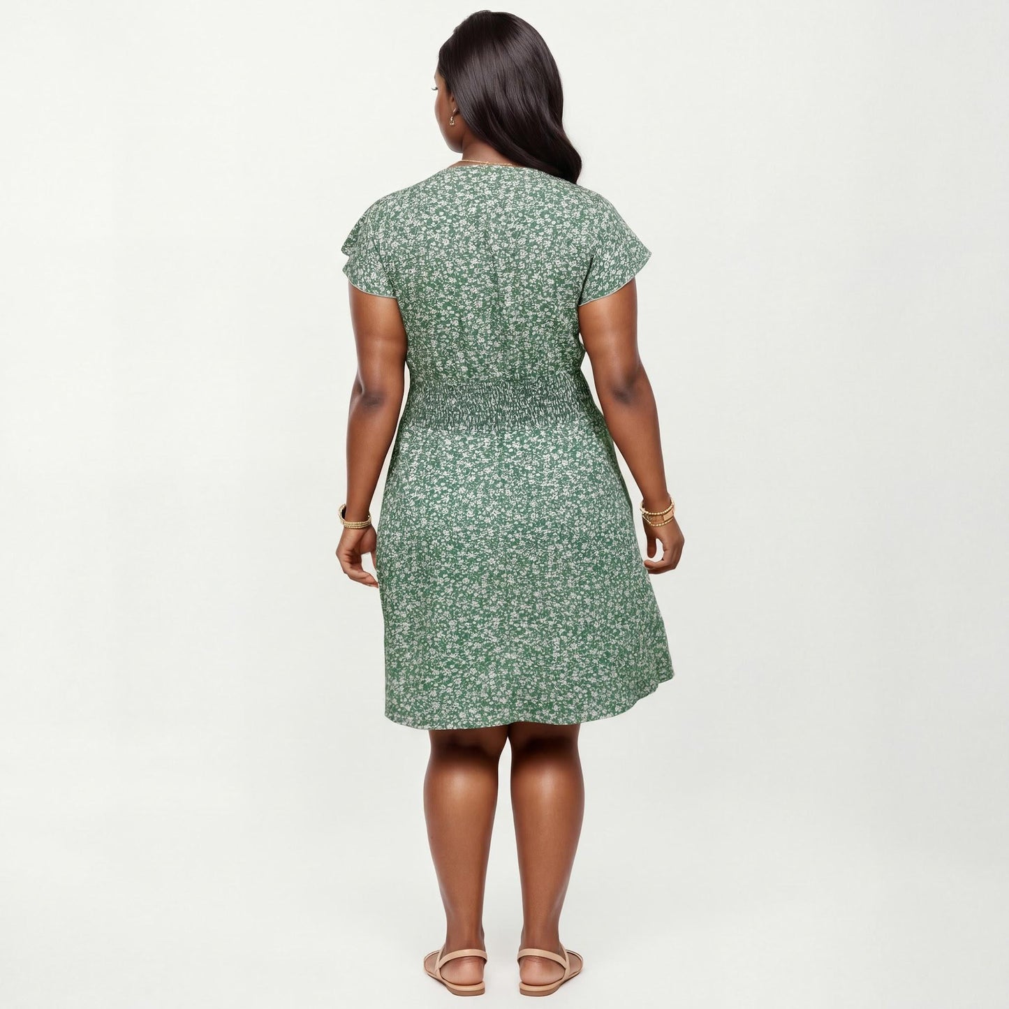 Plus Size Short Sleeve V Neck Dress with Smocked Waist Floral Print Flowy A Line Silhouette