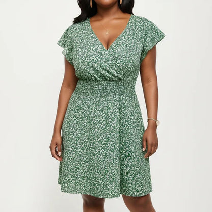 Plus Size Short Sleeve V Neck Dress with Smocked Waist Floral Print Flowy A Line Silhouette