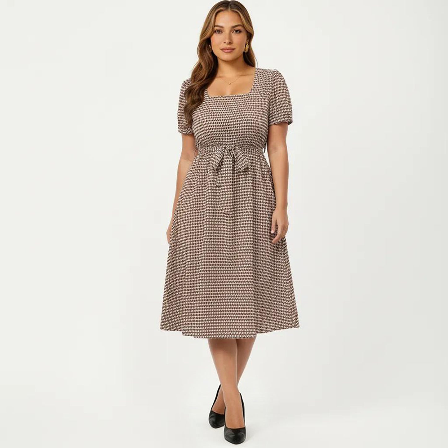 Plus Size Short Sleeve Square Neck Dress with Waist Tie Detail Flowy A Line Midi Silhouette