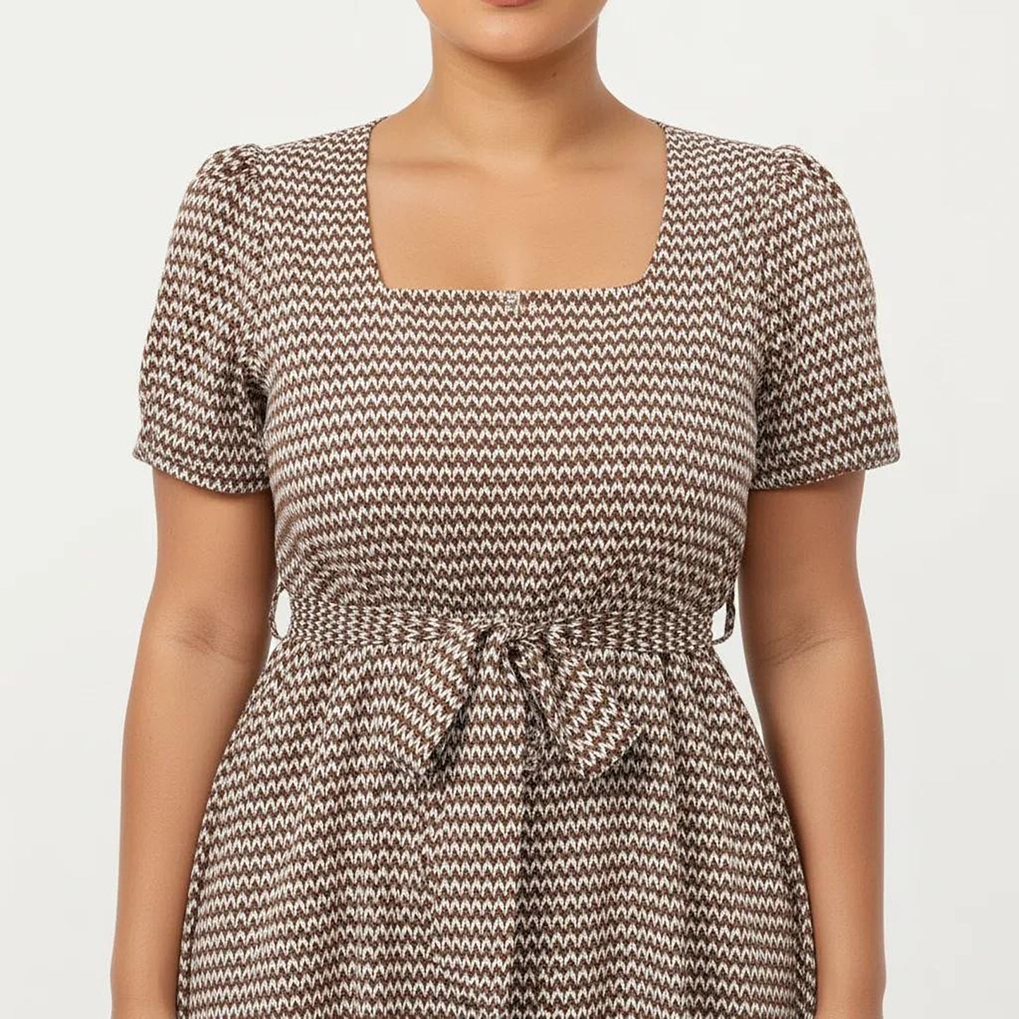 Plus Size Short Sleeve Square Neck Dress with Waist Tie Detail Flowy A Line Midi Silhouette