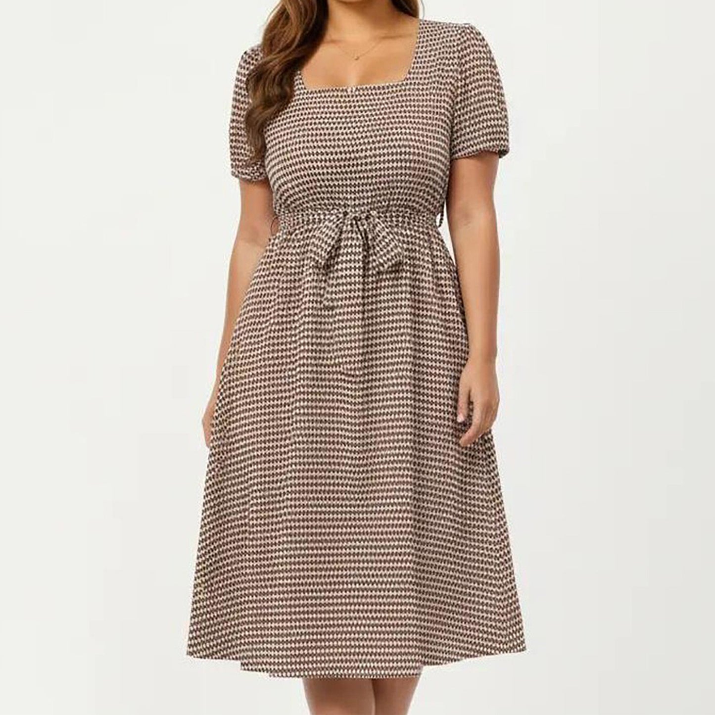 Plus Size Short Sleeve Square Neck Dress with Waist Tie Detail Flowy A Line Midi Silhouette