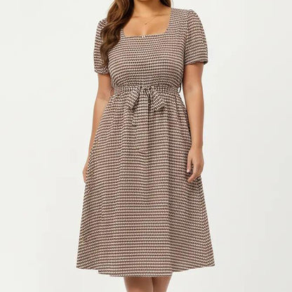 Plus Size Short Sleeve Square Neck Dress with Waist Tie Detail Flowy A Line Midi Silhouette