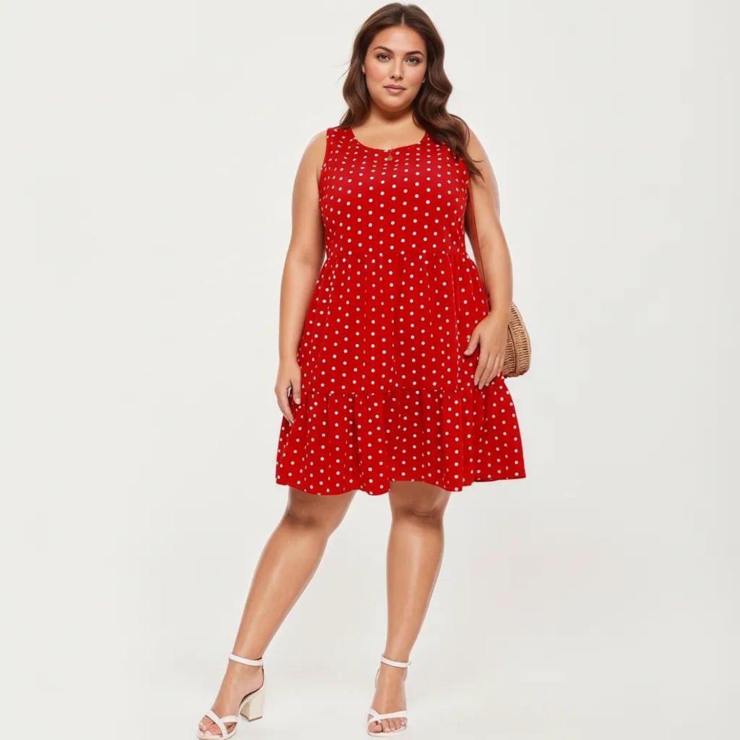 Plus Size Sleeveless Scoop Neck Dress with Polka Dot Print Tiered Skirt Flowy Silhouette
