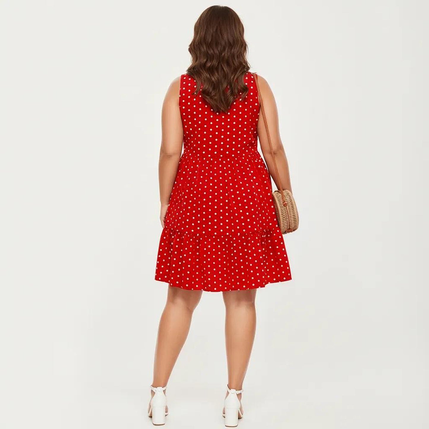 Plus Size Sleeveless Scoop Neck Dress with Polka Dot Print Tiered Skirt Flowy Silhouette
