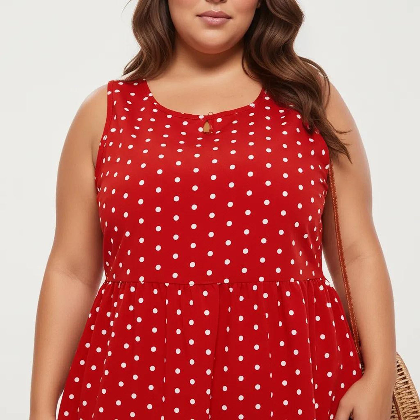 Plus Size Sleeveless Scoop Neck Dress with Polka Dot Print Tiered Skirt Flowy Silhouette