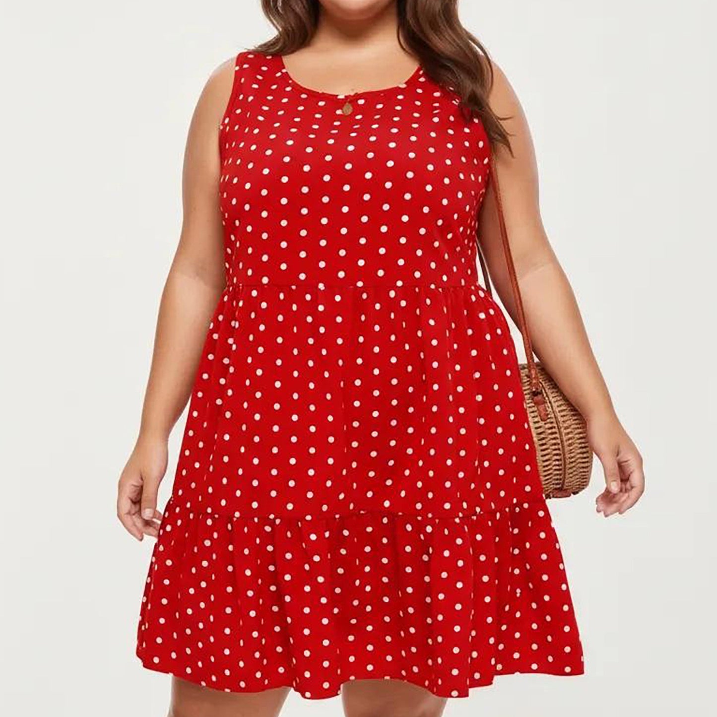 Plus Size Sleeveless Scoop Neck Dress with Polka Dot Print Tiered Skirt Flowy Silhouette
