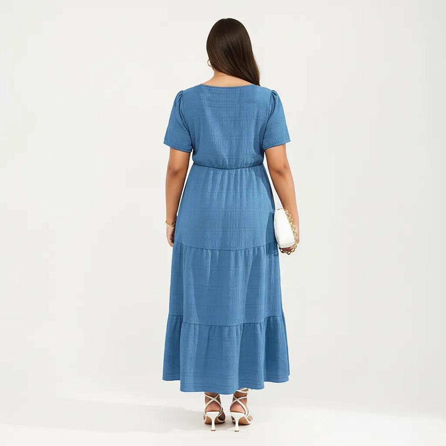 Plus Size Short Sleeve Square Neck Maxi Dress with Tiered Skirt Flowy A Line Silhouette