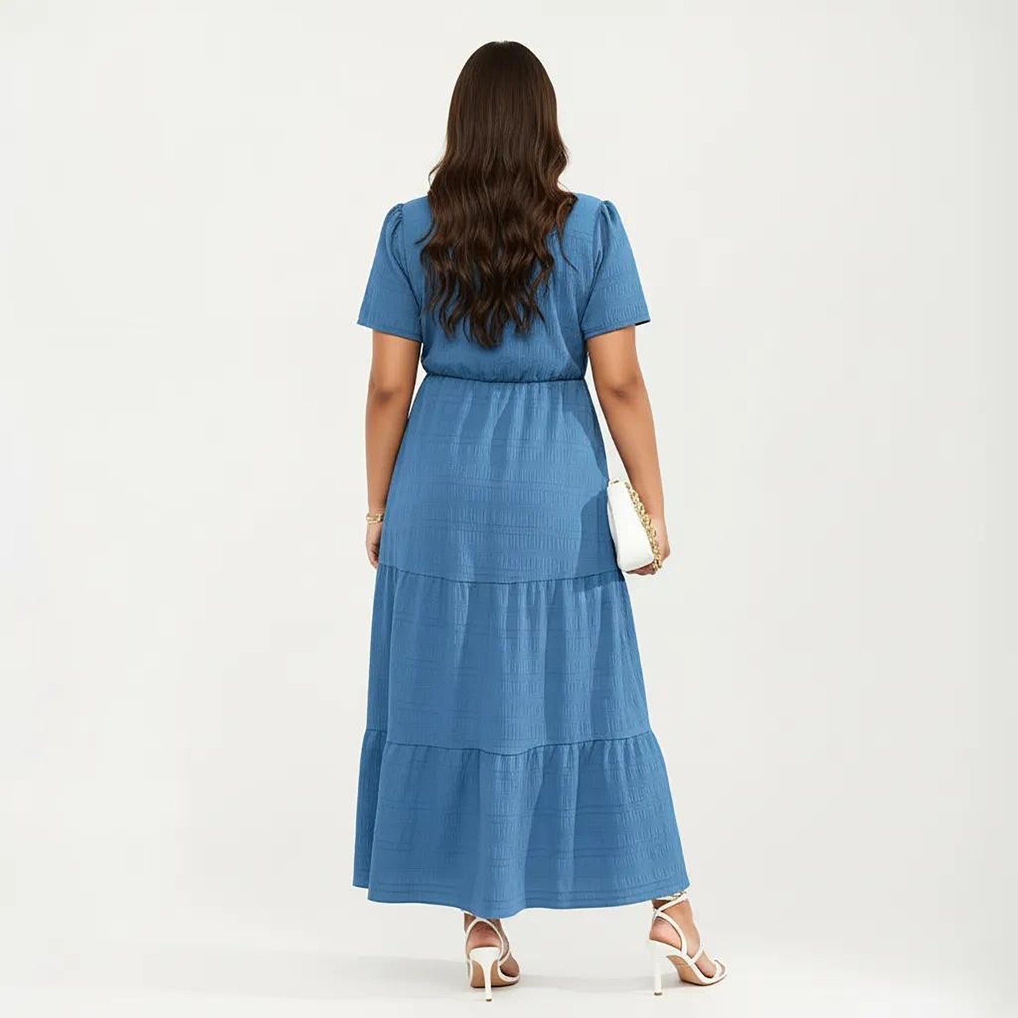 Plus Size Short Sleeve Square Neck Maxi Dress with Tiered Skirt Flowy A Line Silhouette