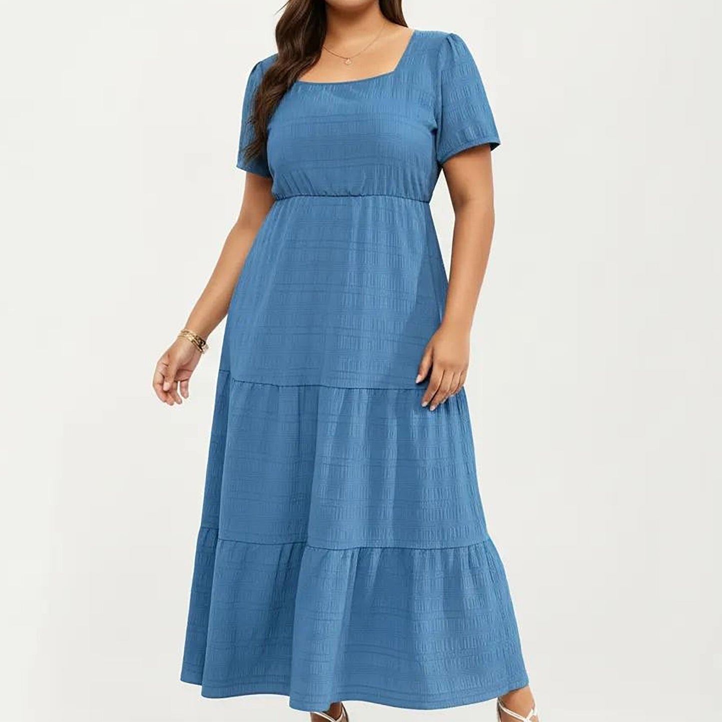 Plus Size Short Sleeve Square Neck Maxi Dress with Tiered Skirt Flowy A Line Silhouette
