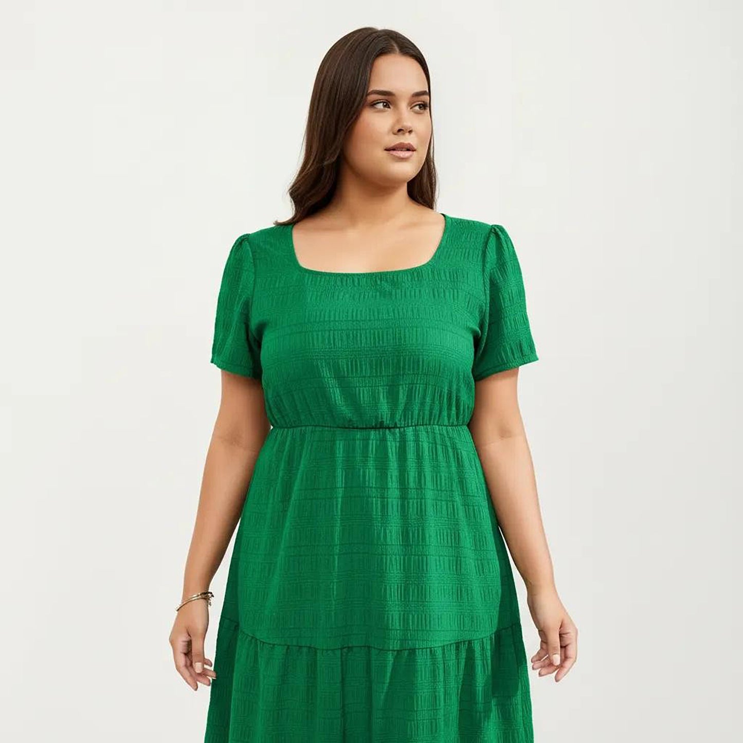 Plus Size Short Sleeve Square Neck Maxi Dress with Tiered Skirt Flowy A Line Silhouette