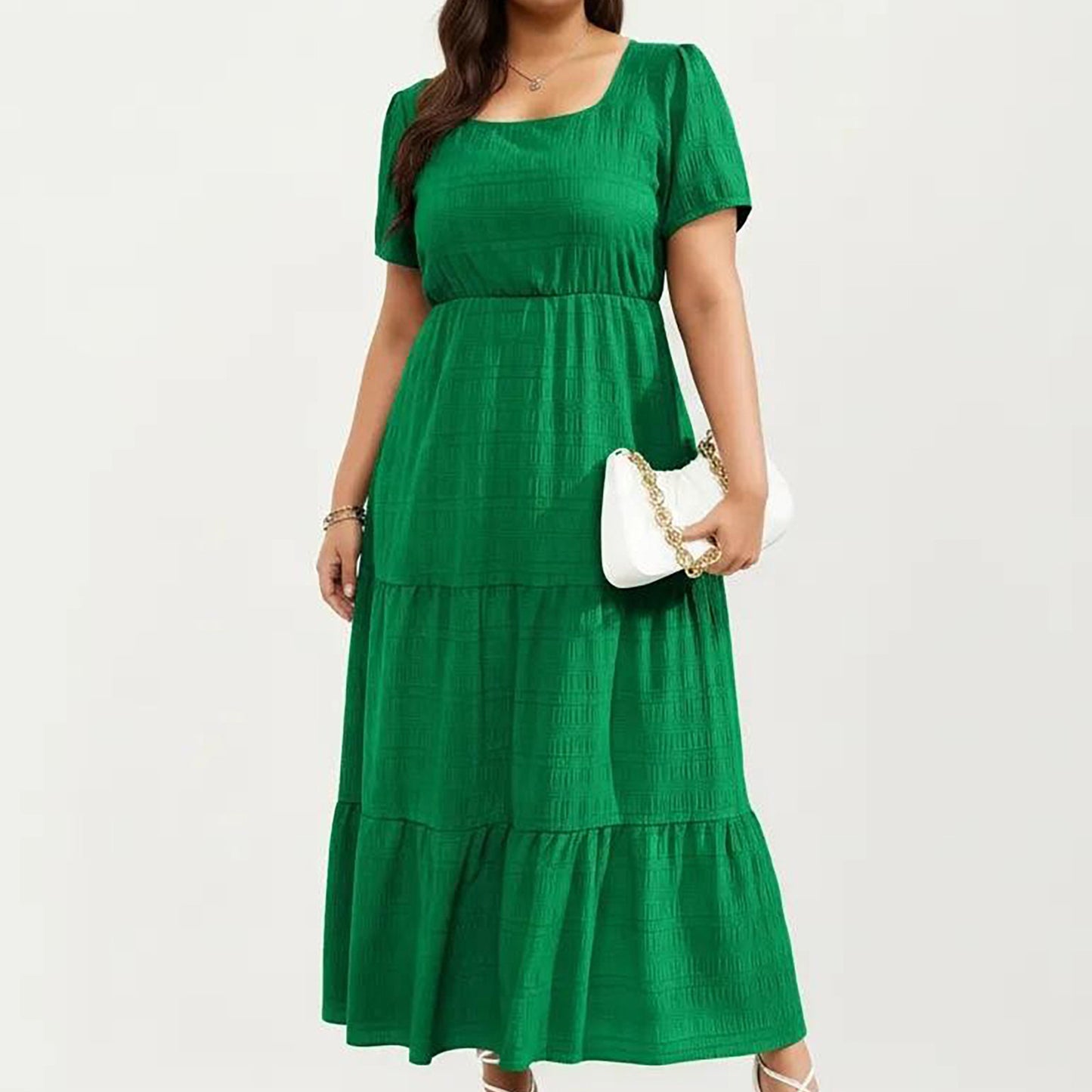 Plus Size Short Sleeve Square Neck Maxi Dress with Tiered Skirt Flowy A Line Silhouette