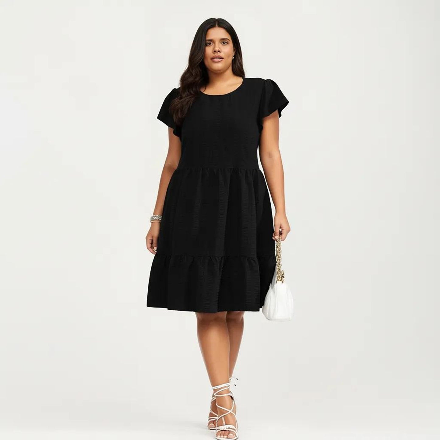 Plus Size Short Sleeve Textured Dress with Crew Neck Tiered Skirt Ruffle Sleeve Detail