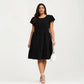 Plus Size Short Sleeve Textured Dress with Crew Neck Tiered Skirt Ruffle Sleeve Detail