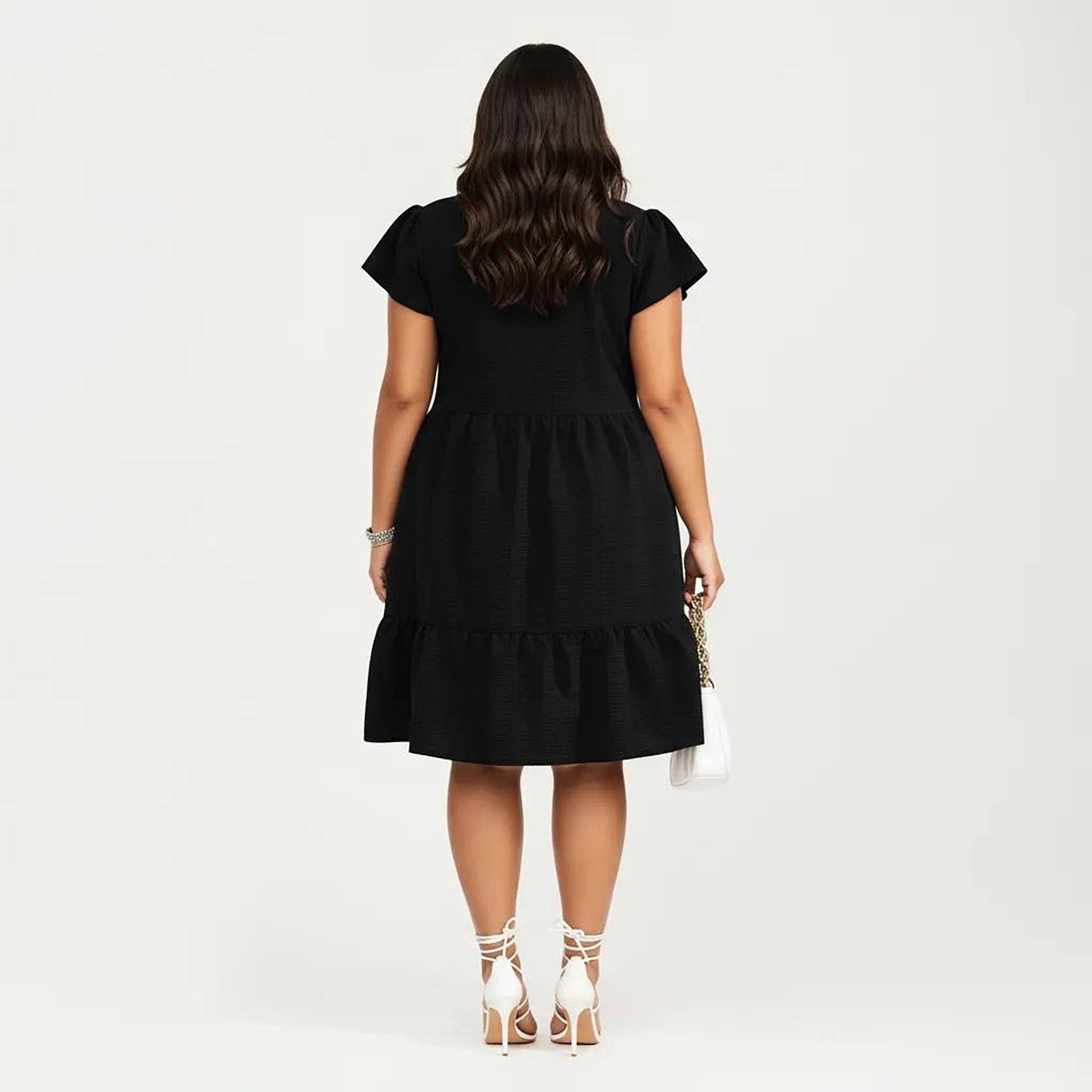 Plus Size Short Sleeve Textured Dress with Crew Neck Tiered Skirt Ruffle Sleeve Detail