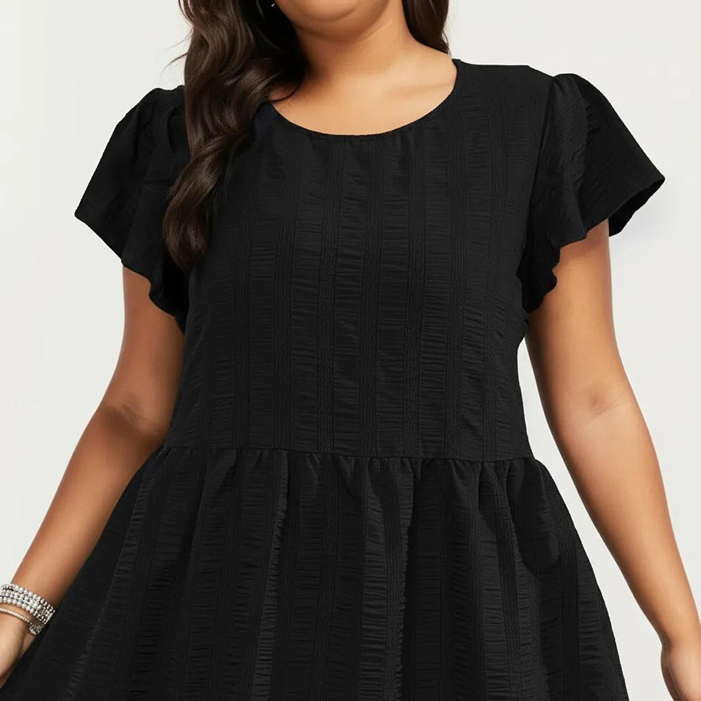 Plus Size Short Sleeve Textured Dress with Crew Neck Tiered Skirt Ruffle Sleeve Detail