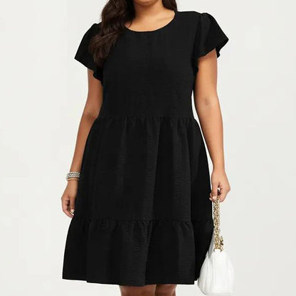 Plus Size Short Sleeve Textured Dress with Crew Neck Tiered Skirt Ruffle Sleeve Detail