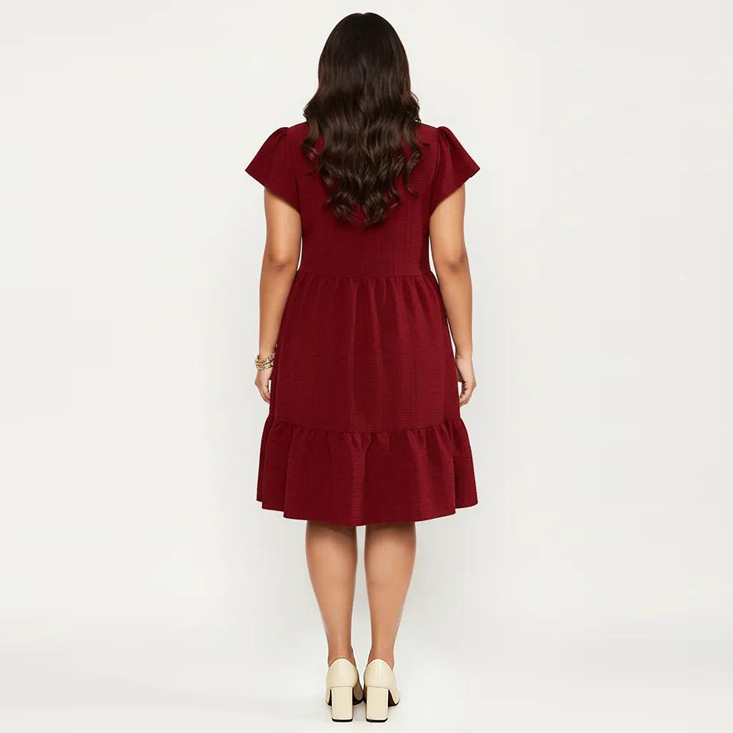 Plus Size Short Sleeve Textured Dress with Crew Neck Tiered Skirt Ruffle Sleeve Detail