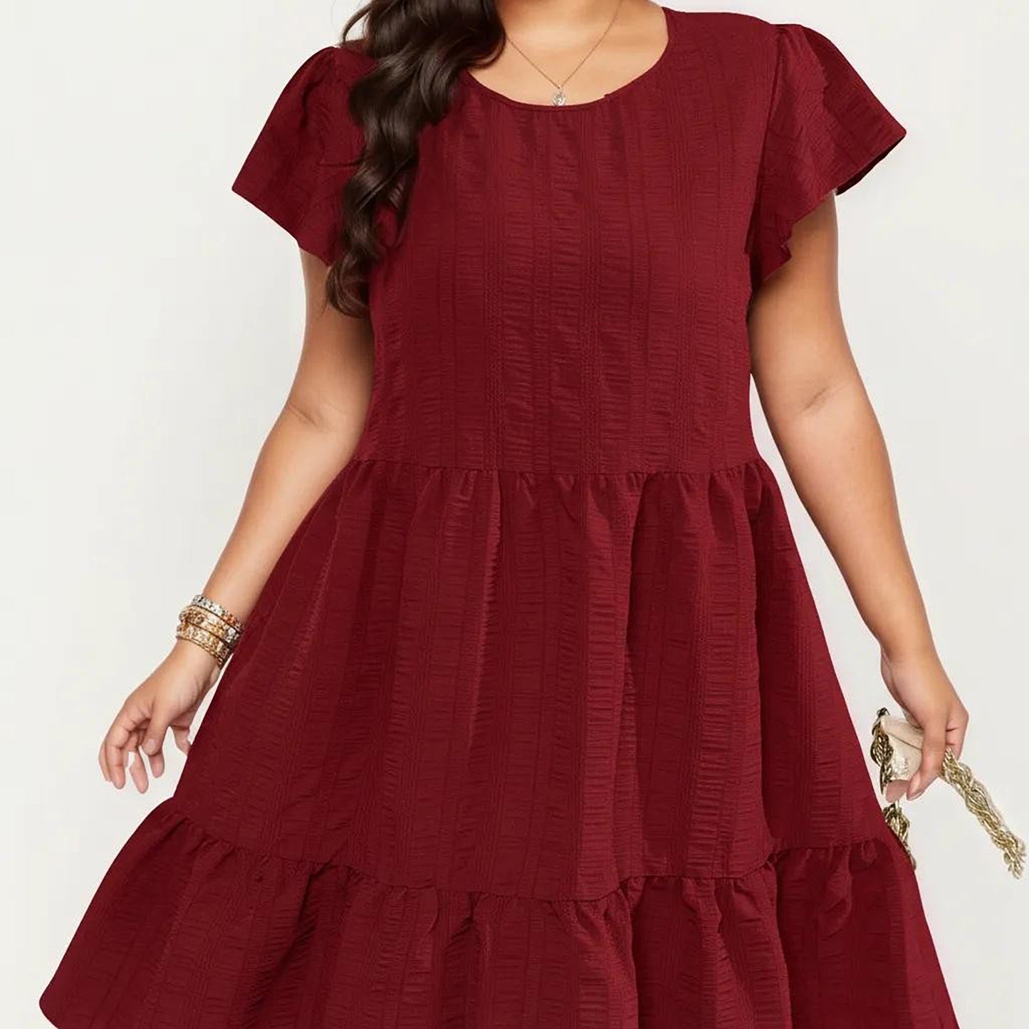 Plus Size Short Sleeve Textured Dress with Crew Neck Tiered Skirt Ruffle Sleeve Detail