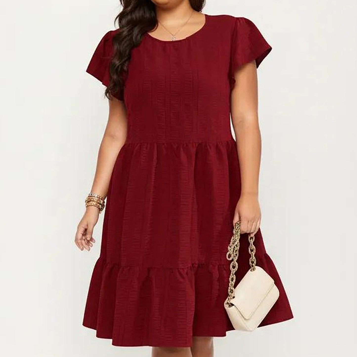 Plus Size Short Sleeve Textured Dress with Crew Neck Tiered Skirt Ruffle Sleeve Detail