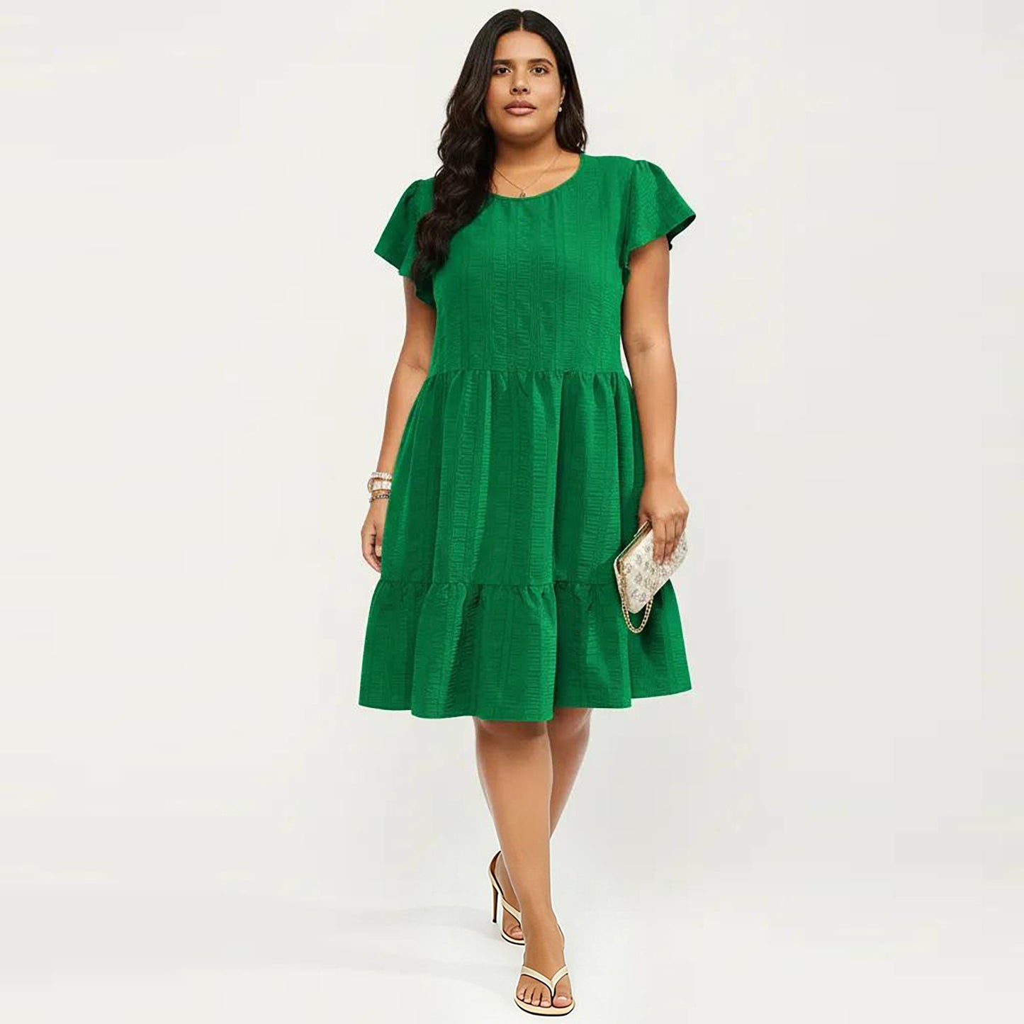 Plus Size Short Sleeve Textured Dress with Crew Neck Tiered Skirt Ruffle Sleeve Detail